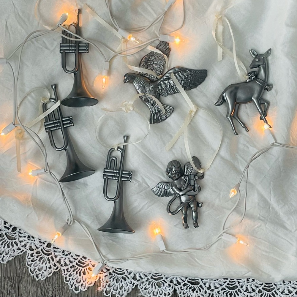 set of (6) silver color vintage holiday ornaments with cream white ribbons gift